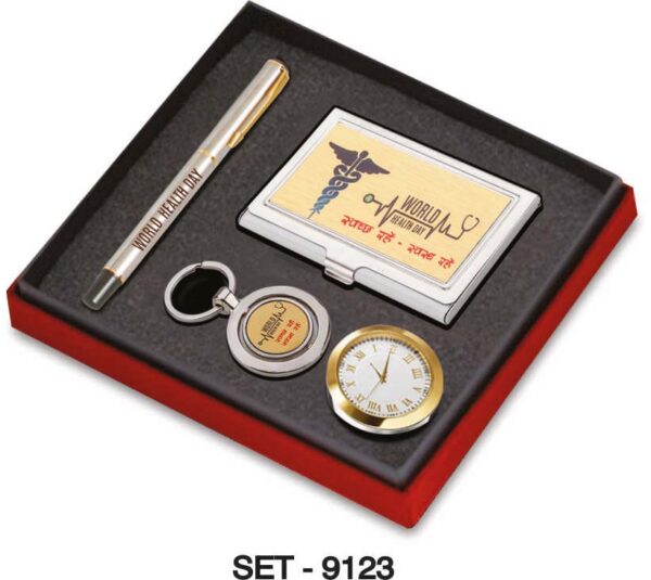 4 In 1 Pen+Visiting Card Holder+Keychain+Table Clock SET-9123