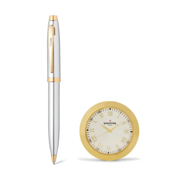 Sheaffer Gift Set ft. Bright Chrome 100 Ballpoint Pen with Gold Trims and Table Clock - Image 4