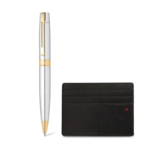 Sheaffer Gift Set 300 Ballpoint Pen with Credit Card Holder Bright Chrome with Gold Trims