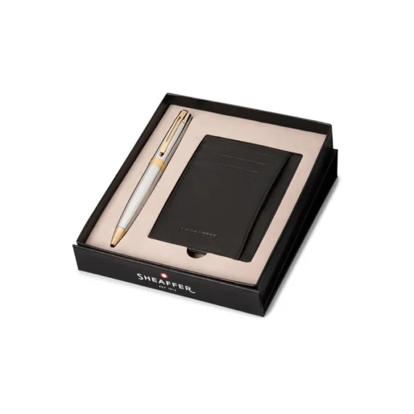 Sheaffer Gift Set 300 Ballpoint Pen with Credit Card Holder Bright Chrome with Gold Trims - Image 4