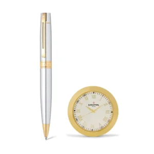 Sheaffer Gift Set 300 Ballpoint Pen with Table Clock Bright Chrome with Gold Trims