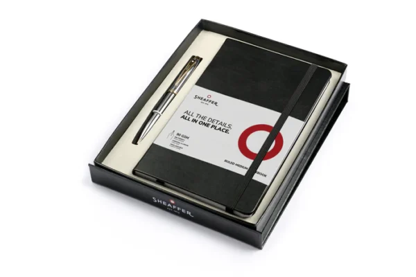 Sheaffer® Gift Set ft. Bright Chrome S100 9340 Ballpoint Pen with Gold Tone Trim and Medium Notebook - Image 5