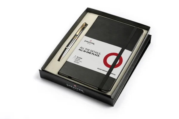 Sheaffer® Gift Set ft. Bright Chrome S300 9342 Ballpoint Pen with Gold Tone Trim and Medium Notebook - Image 5
