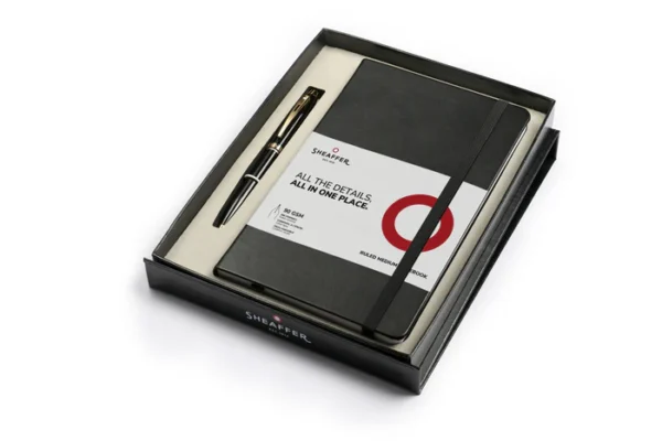 Sheaffer® Gift Set ft. Glossy Black S100 9322 Ballpoint Pen with Gold Tone Trim and Medium Notebook - Image 5